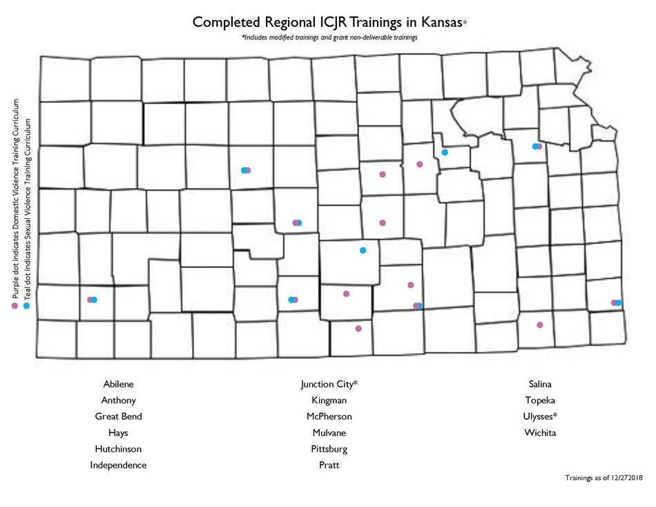 Map of Kansas with DV and SV trainings noted by colored dots